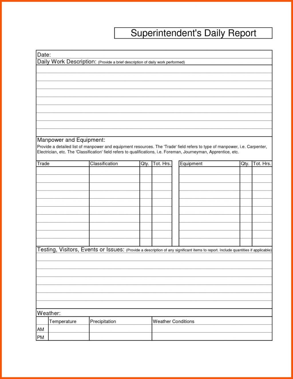 005 Construction Superintendent Daily Report Forms Work Mail With Daily Report Sheet Template