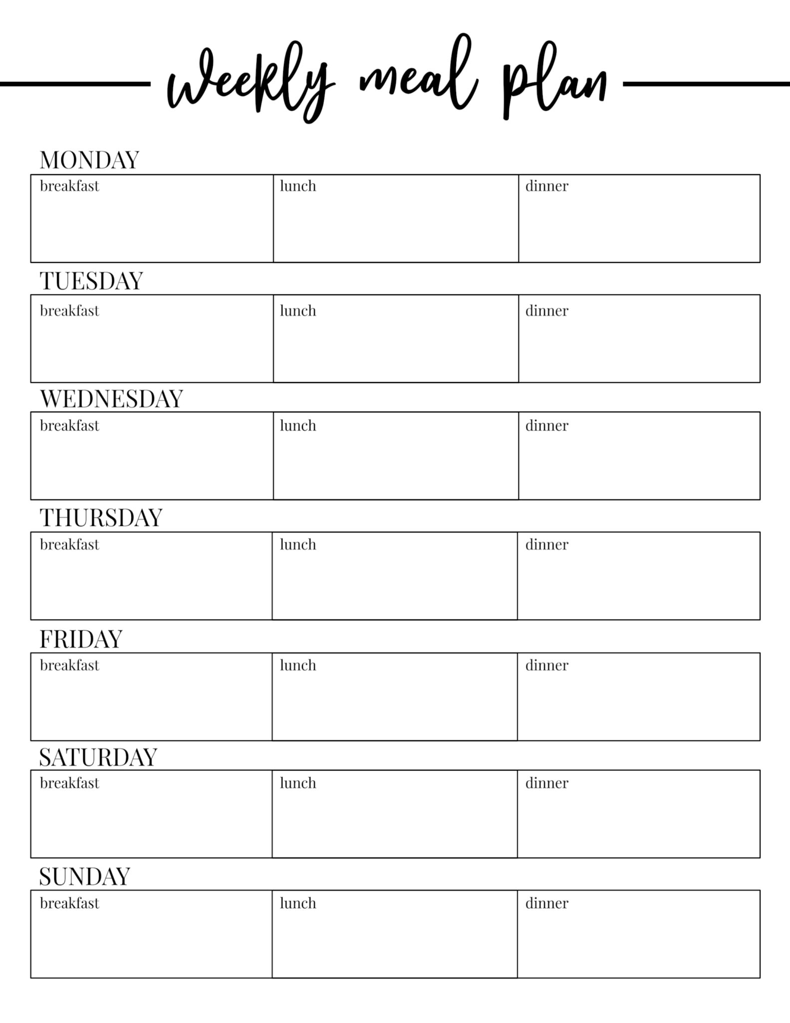 menu calendar printable