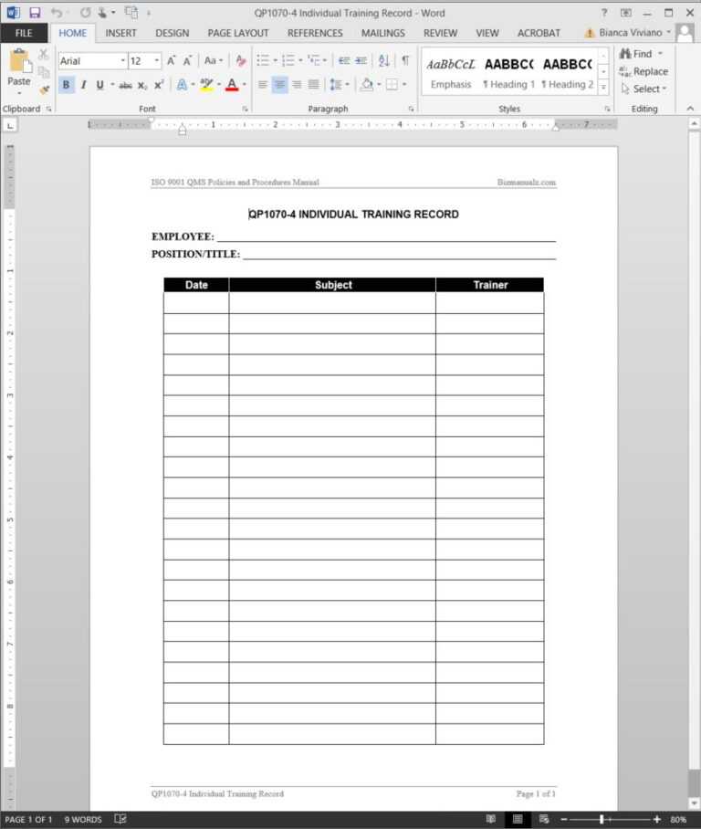 008 Training Manual Template Word Qp1070 Individual Record Inside ...