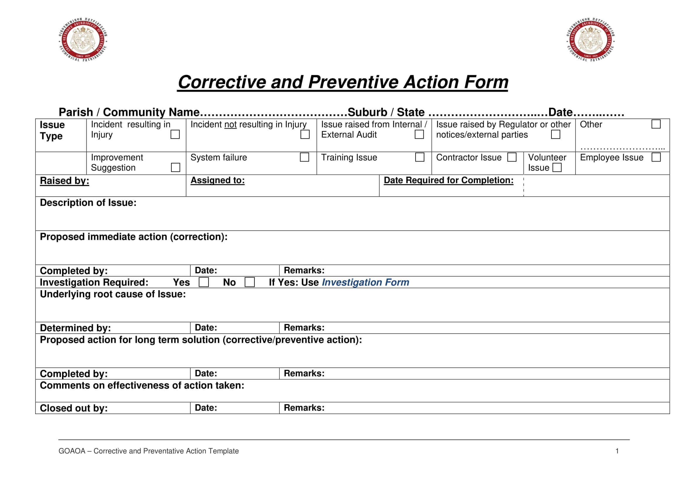 009 Corrective And Preventive Action Report Form Example With 8D Report Template