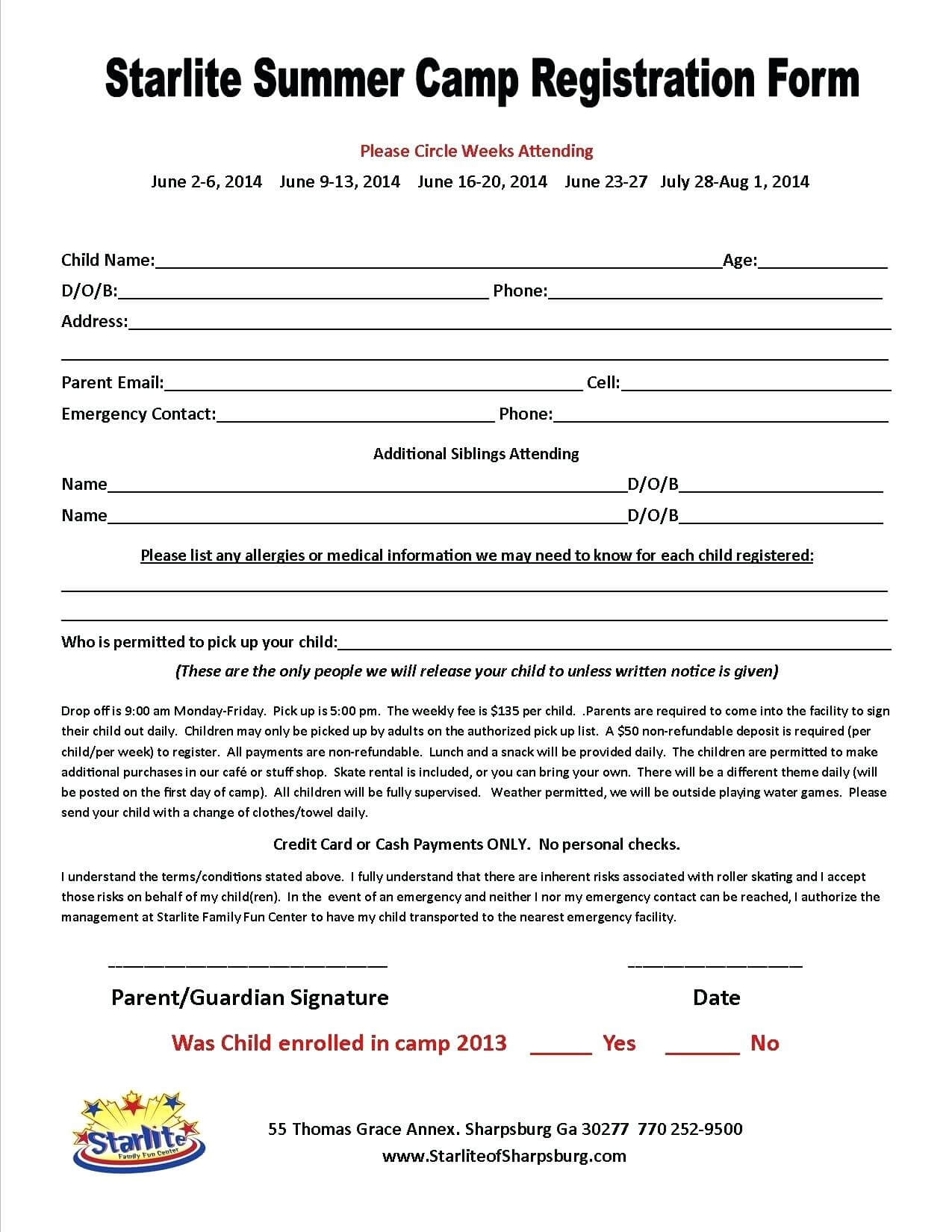014 Free Printable Camp Registration Form Templates Hotel Throughout Camp Registration Form Template Word