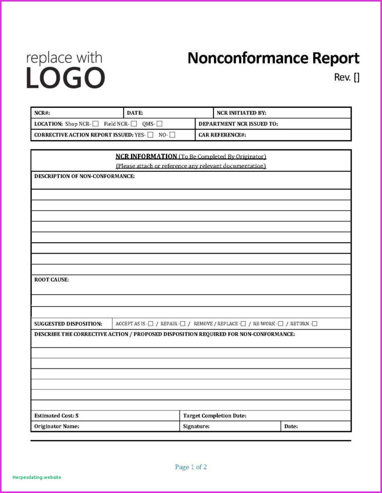 Non Conformance Report Form Template