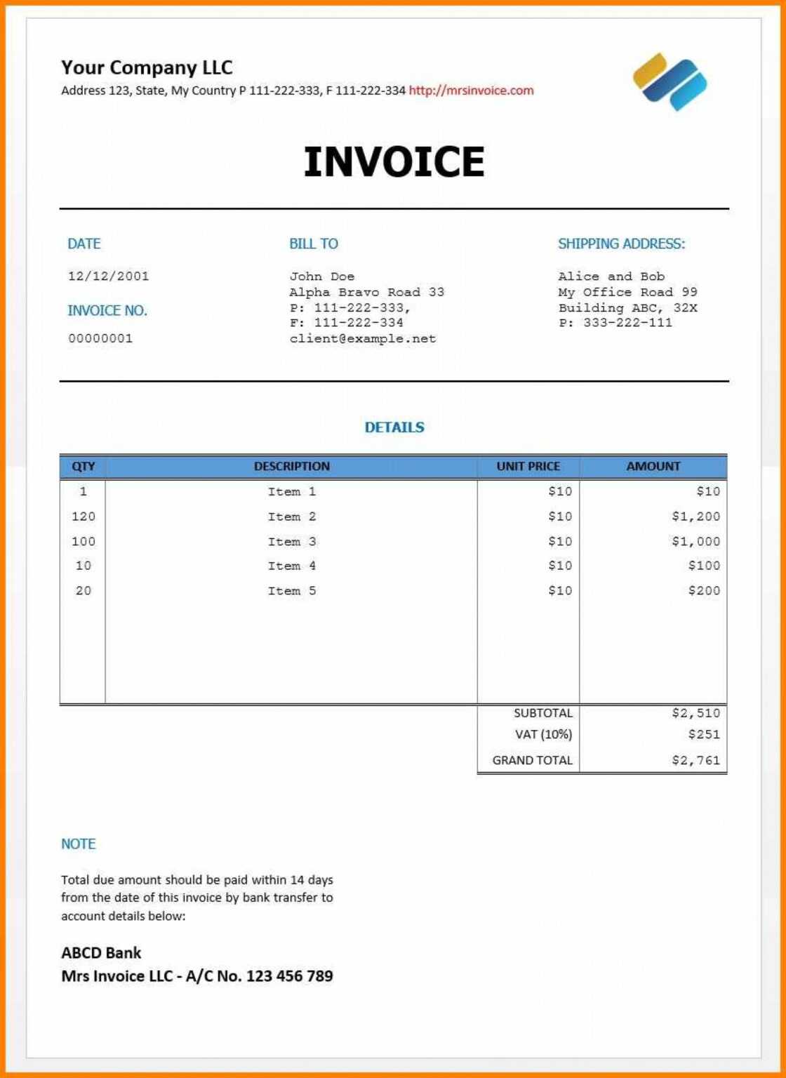 invoice template in word 2010