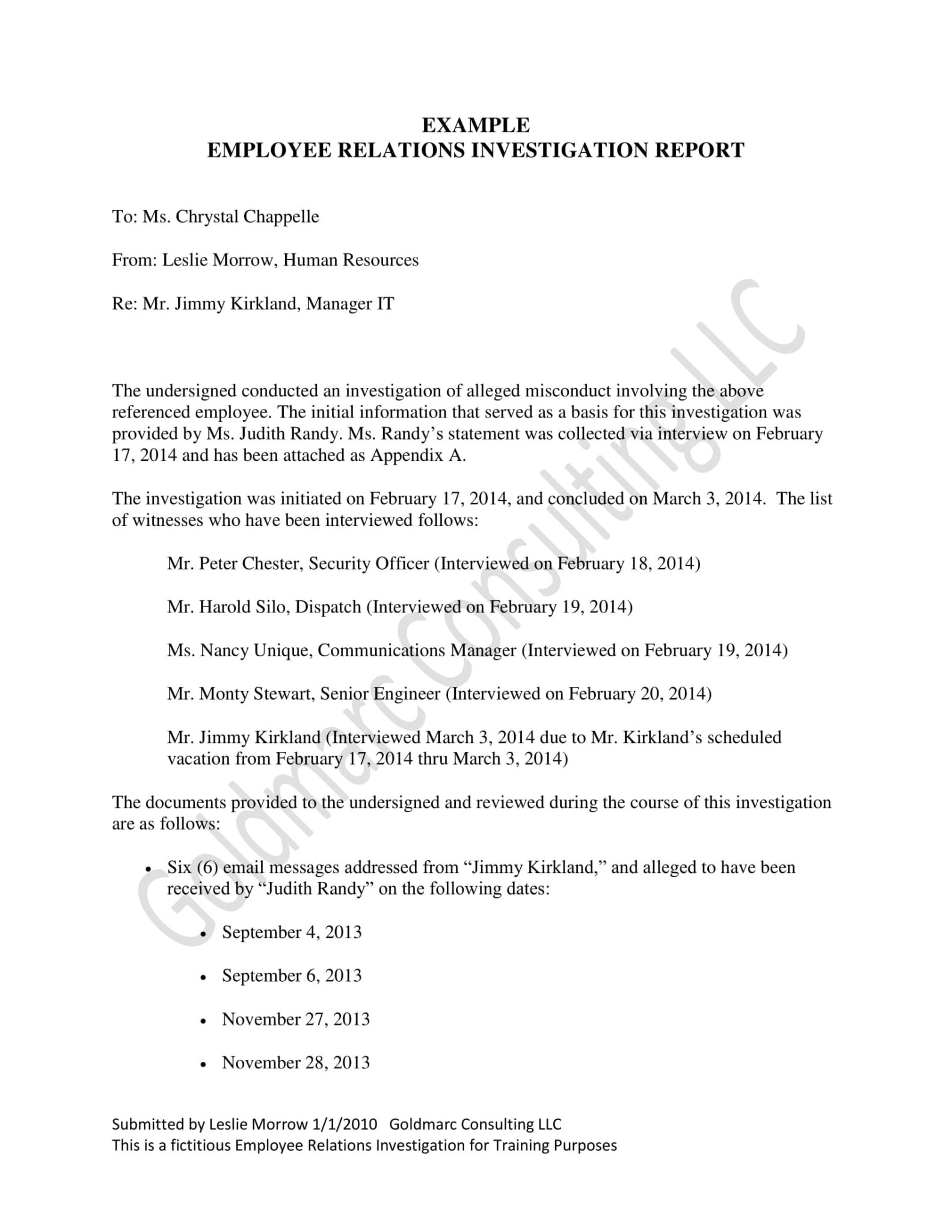 Example Of Hr Investigation Report