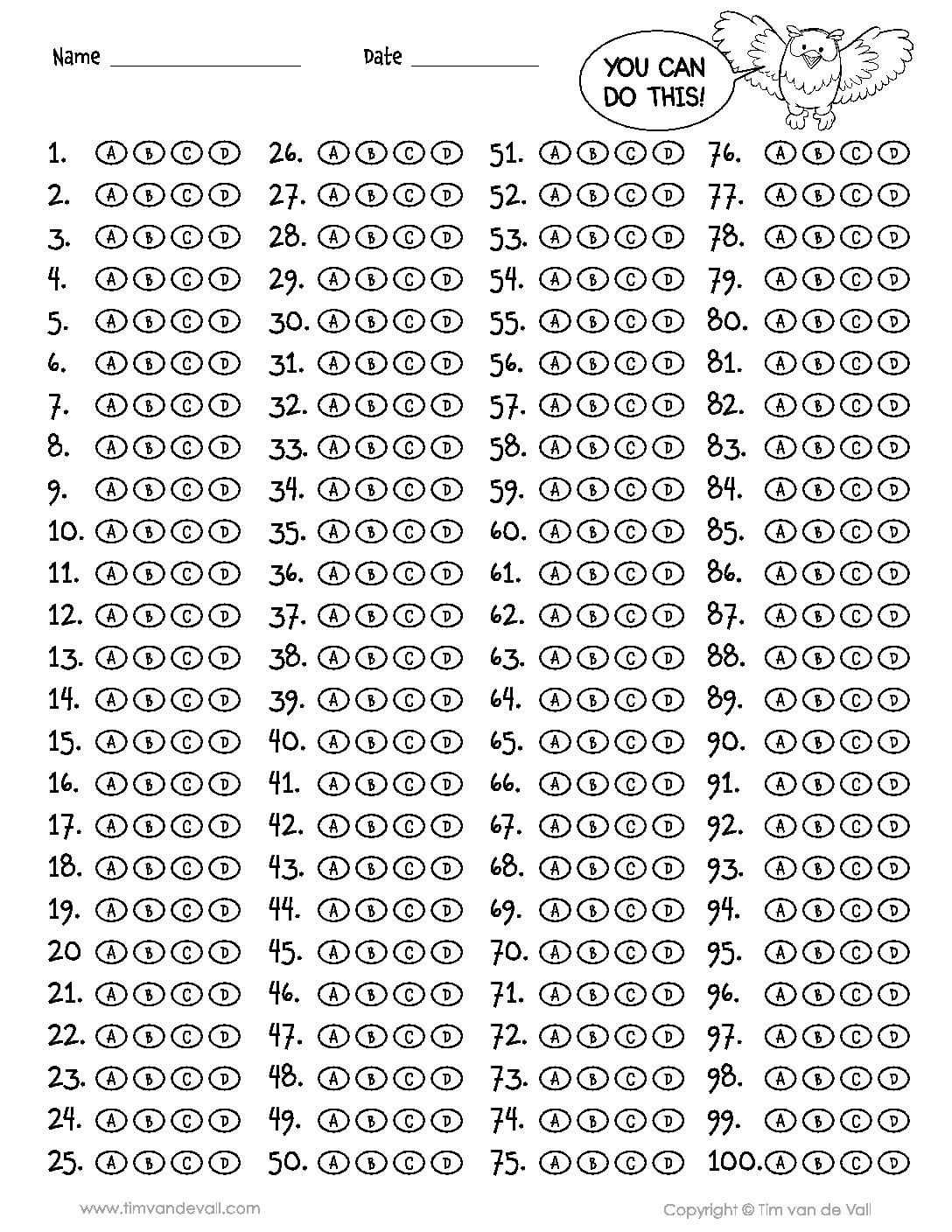 100 Question Answer Sheet - Tim's Printables Intended For Blank Answer Sheet Template 1 100