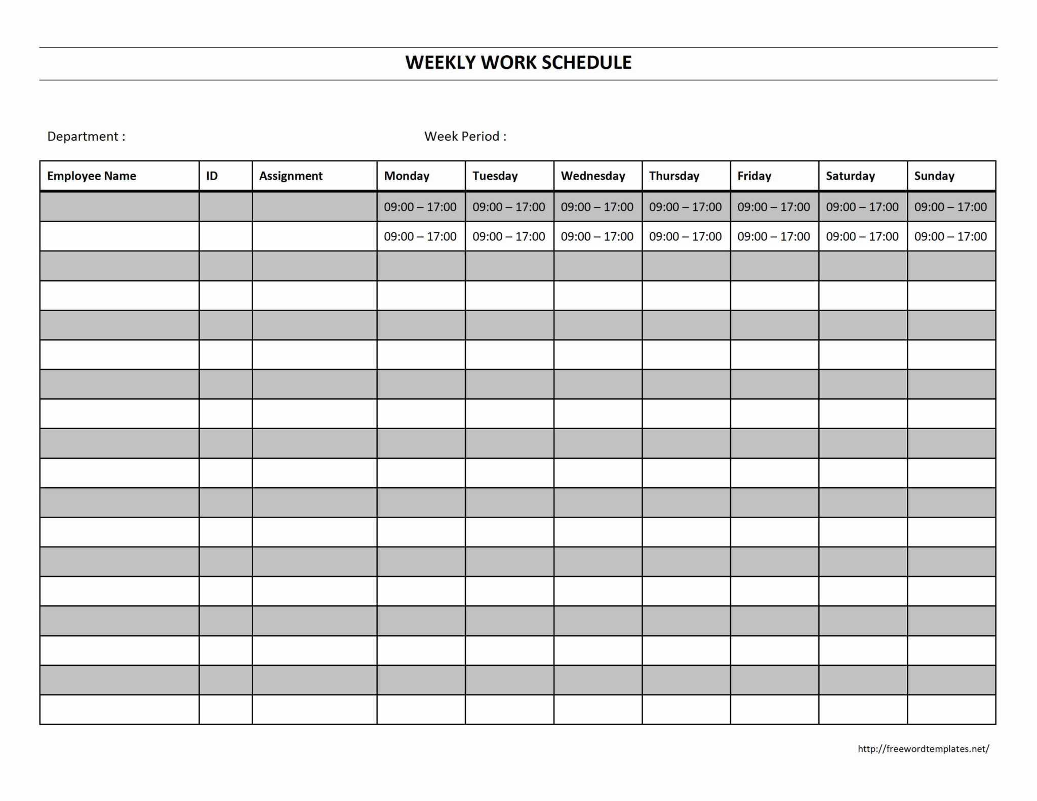 student weekly work schedule template