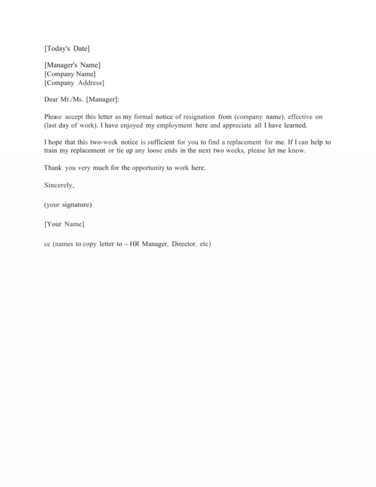 2 Weeks Notice Letter Sample Restaurant Format 1488935172 Intended For 