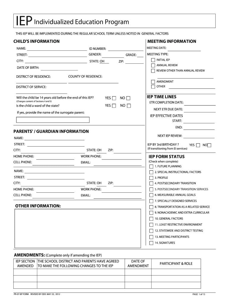 2012 2020 Form Oh Pr 07 Iep Fill Online, Printable, Fillable Pertaining To Blank Iep Template