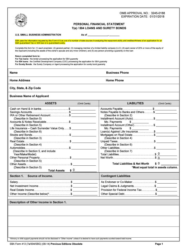 2014 2020 Form Sba 413 Fill Online, Printable, Fillable Regarding Blank Personal Financial Statement Template