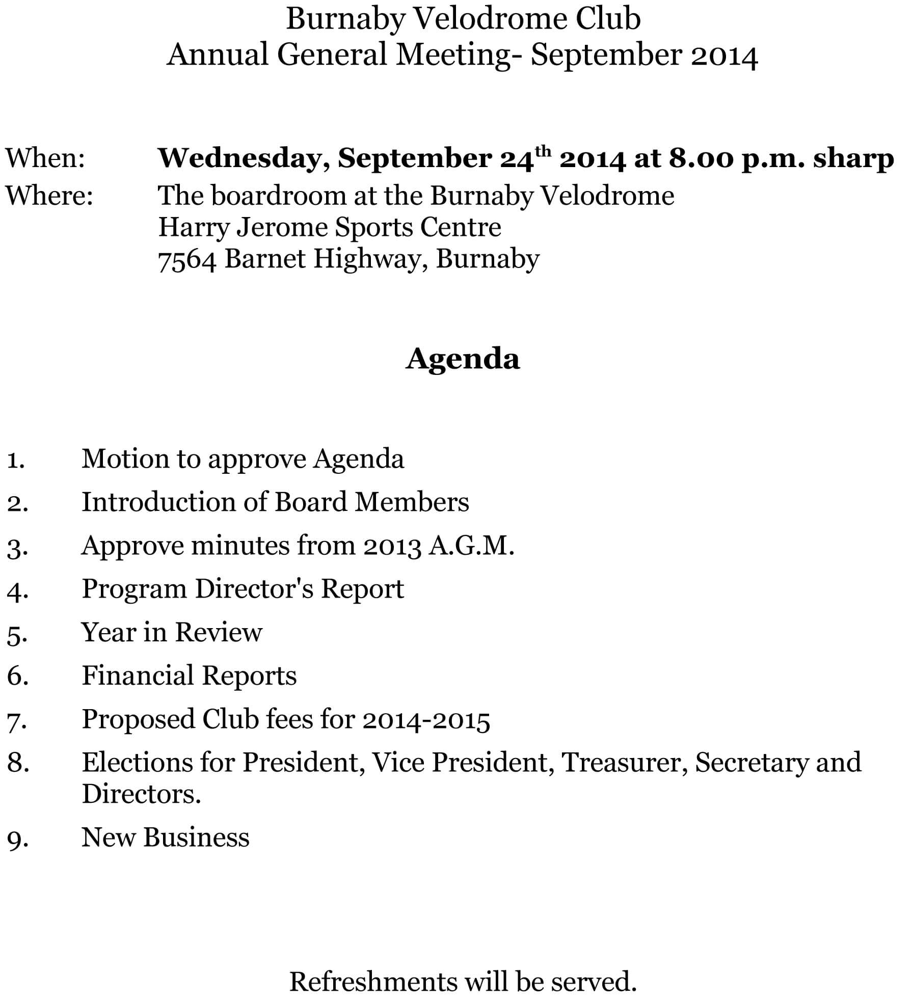 2014 Annual General Meeting – Burnaby Velodrome Club Regarding Treasurer's Report Agm Template