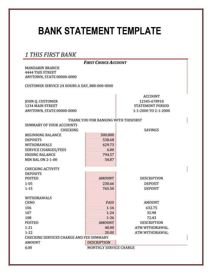 23 Editable Bank Statement Templates [Free] ᐅ Template Lab For Blank Bank Statement Template Download