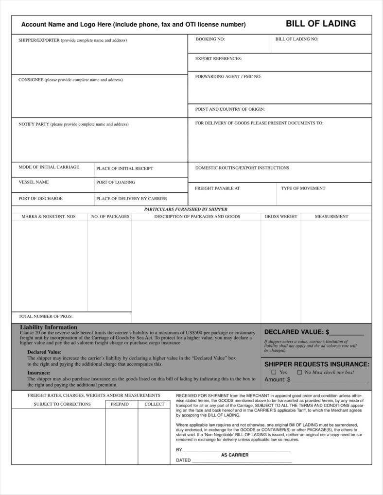 29+ Bill Of Lading Templates – Free Word, Pdf, Excel Format Pertaining To Blank Bol Template