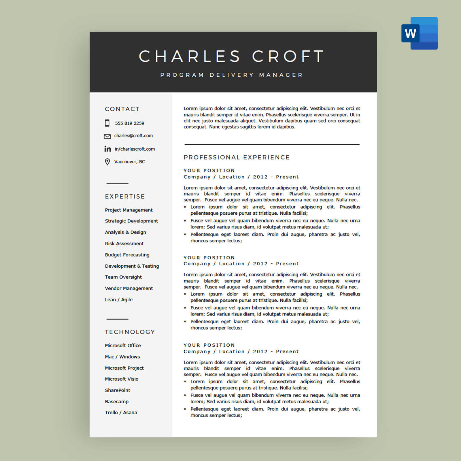 4 Page Resume / Cv Template Package For Microsoft™ Word – The 'charlie' Within Microsoft Word Resumes Templates