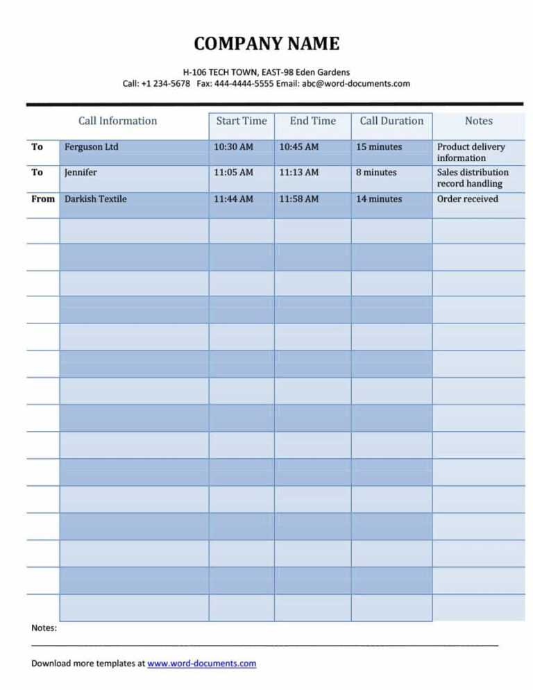 Blank Call Sheet Template