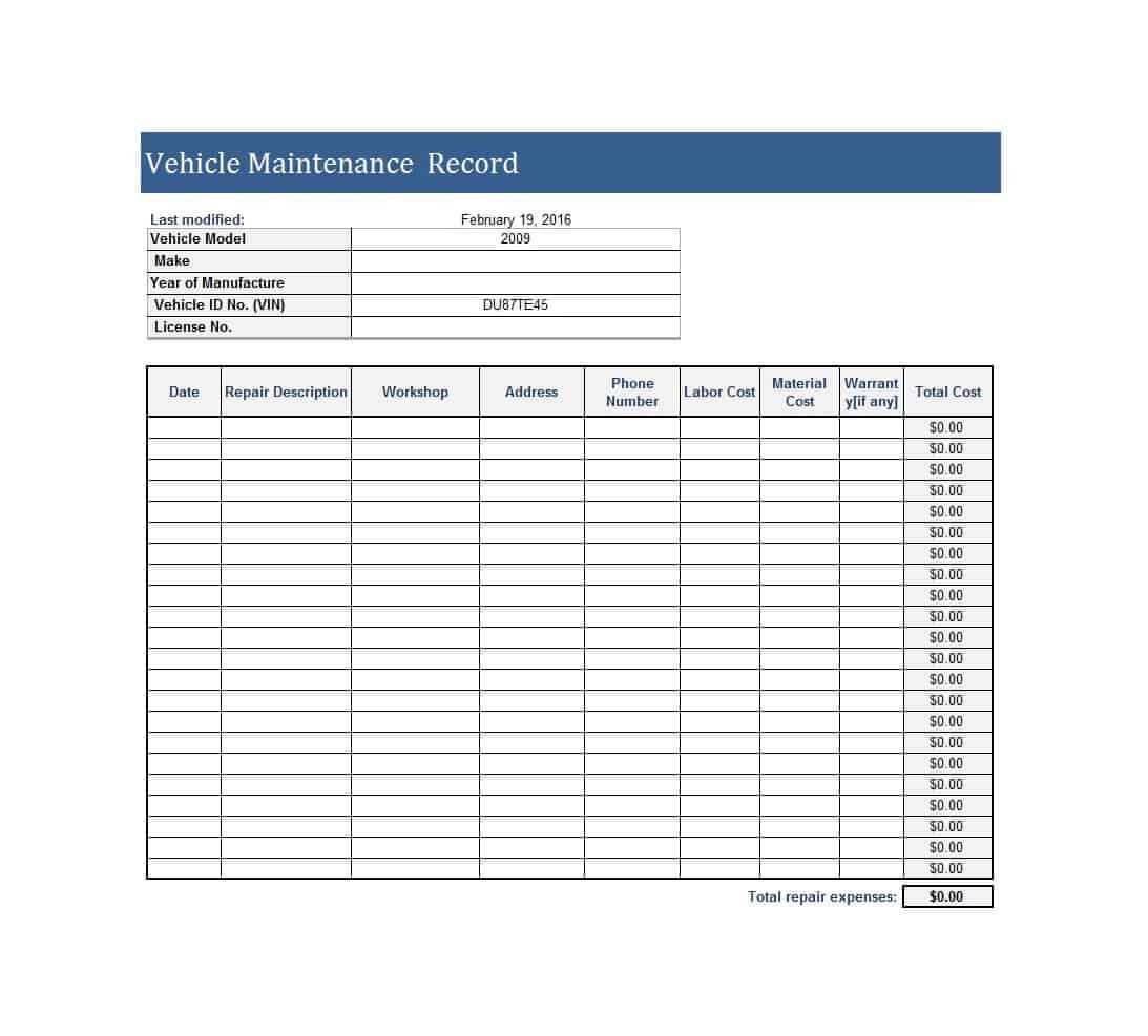 Free Pdf Downloadable Printable Basic Fleet Vehicle Maintenance Spreadsheet Template