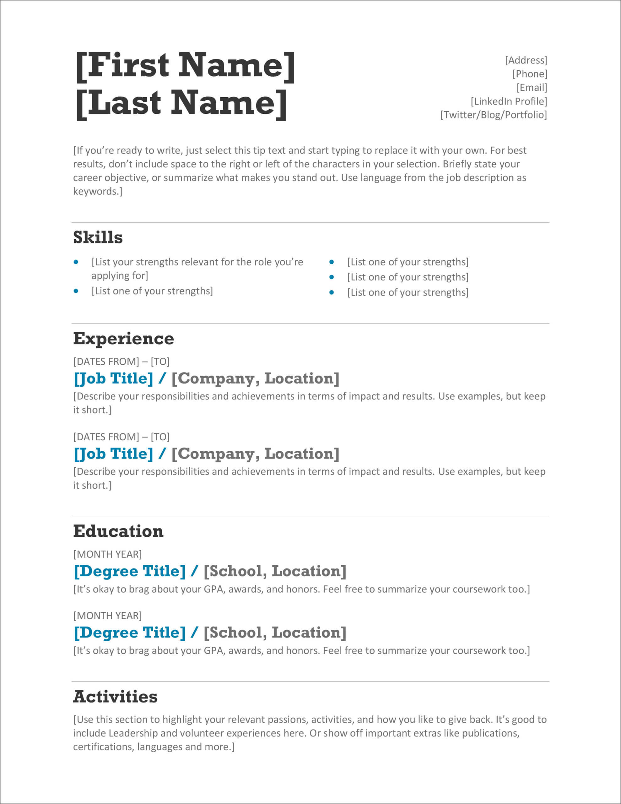 45 Free Modern Resume / Cv Templates – Minimalist, Simple For How To Create A Cv Template In Word