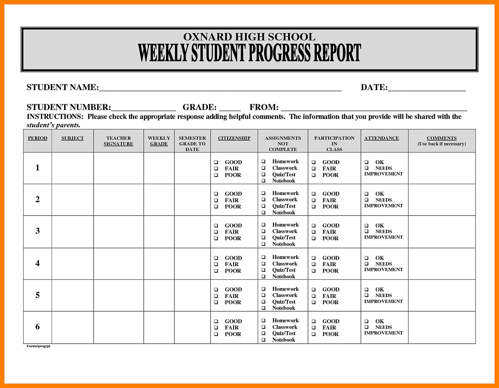 5+ Free Student Weekly Progress Report Template | Marlows Pertaining To Weekly Test Report Template
