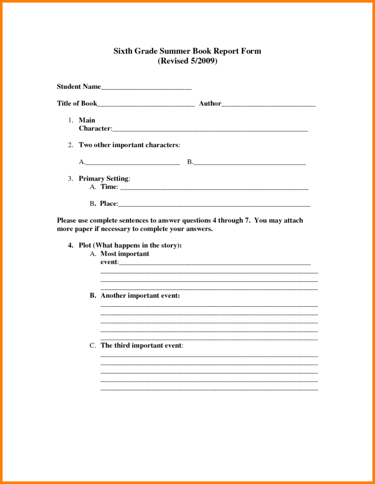 examples of book reports for 6th graders
