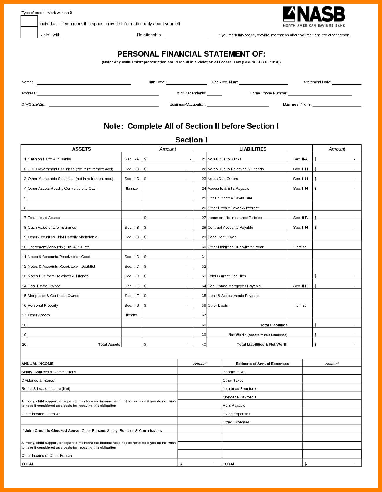 6+ Free Printable Personal Financial Statement Form | St Pertaining To Blank Personal Financial Statement Template