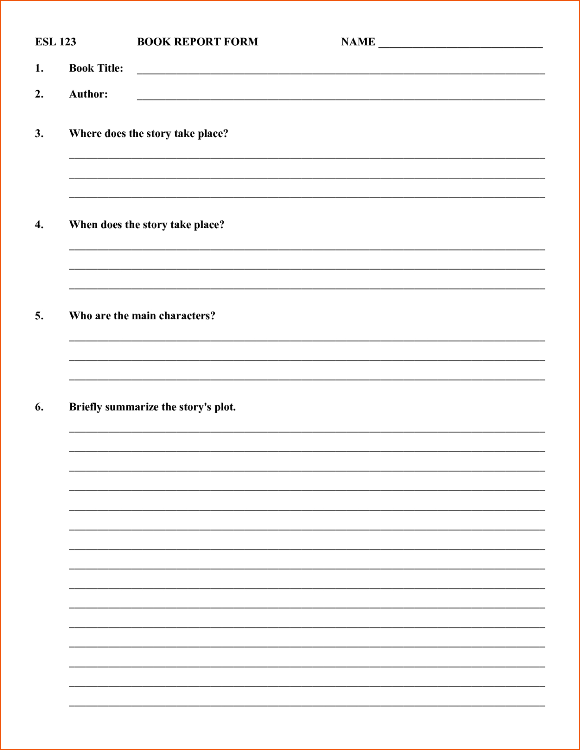 short story book report template