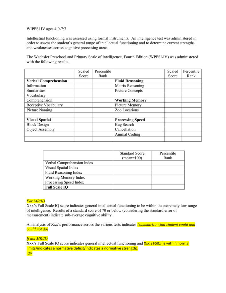 8 Cognitive Template Wppsi Iv Ages 4 0 7 7 Throughout Wppsi Iv Report Template