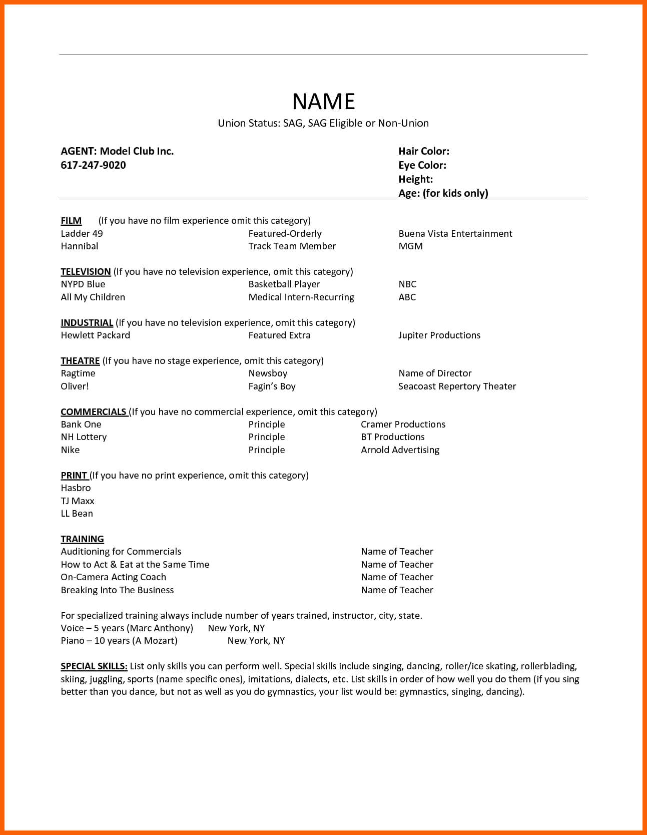 8+ Free Acting Resume Template Download | Ml Datos Throughout Theatrical Resume Template Word