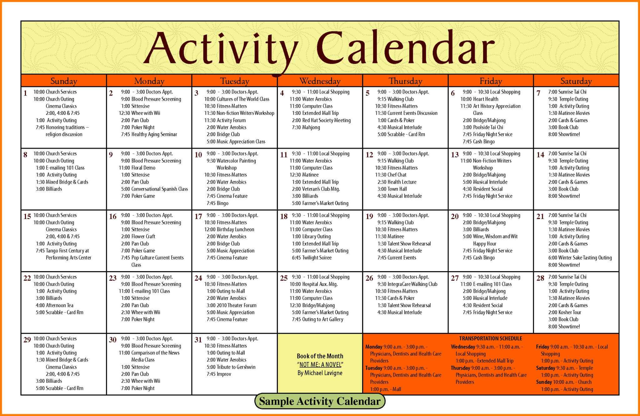 Printable Activity Calendar Template