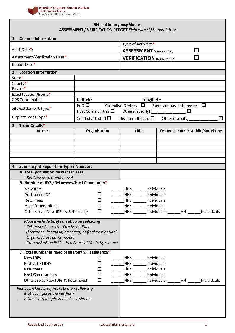 Assessment Reporting Template 2017 | South Sudan Shelter Nfi Throughout Template For Evaluation Report