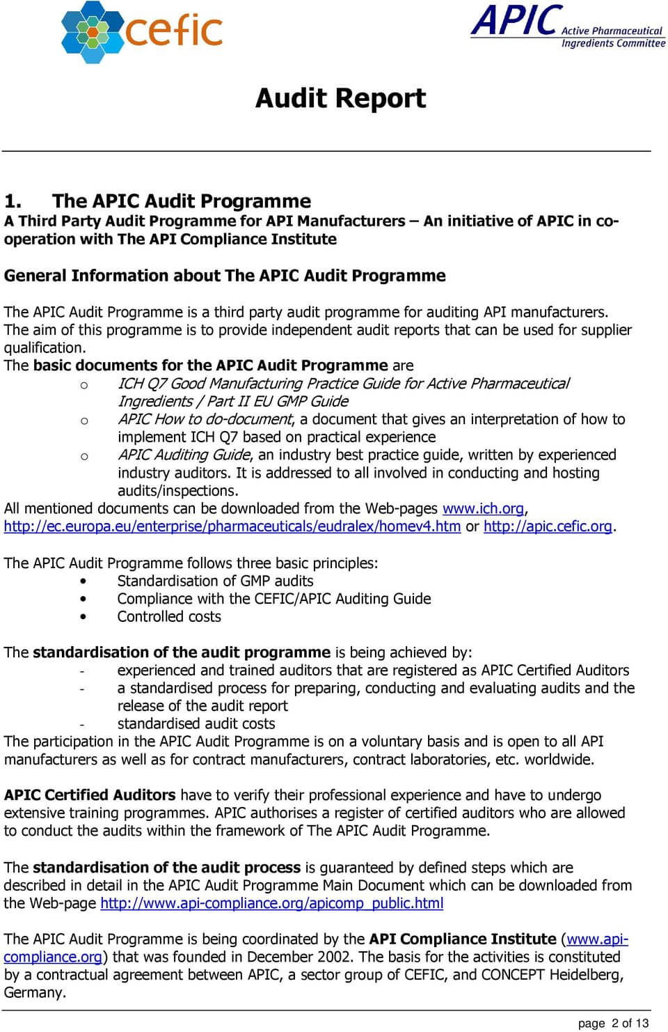 Audit Report In The Framework Of The Apic Audit Programme Regarding Gmp Audit Report Template