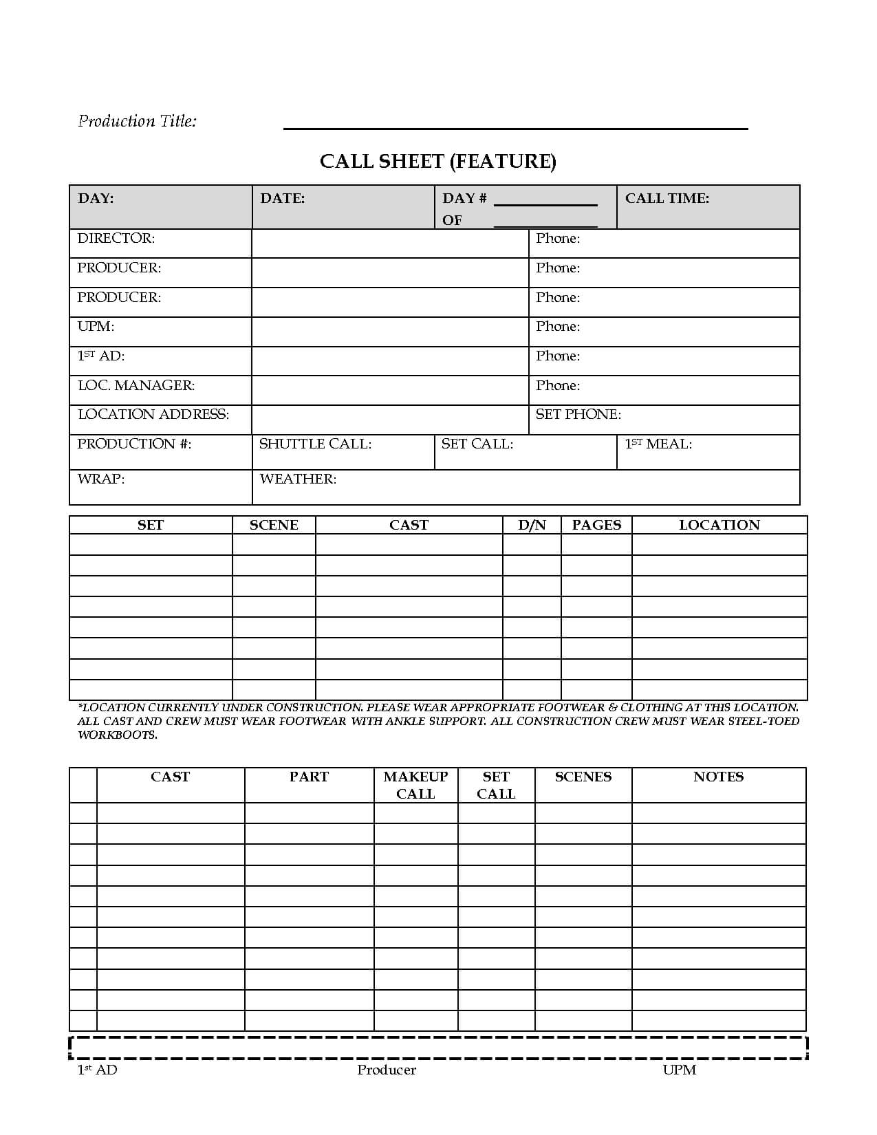 Awesome Call Sheet (Feature) Template Sample For Film Pertaining To Film Call Sheet Template Word