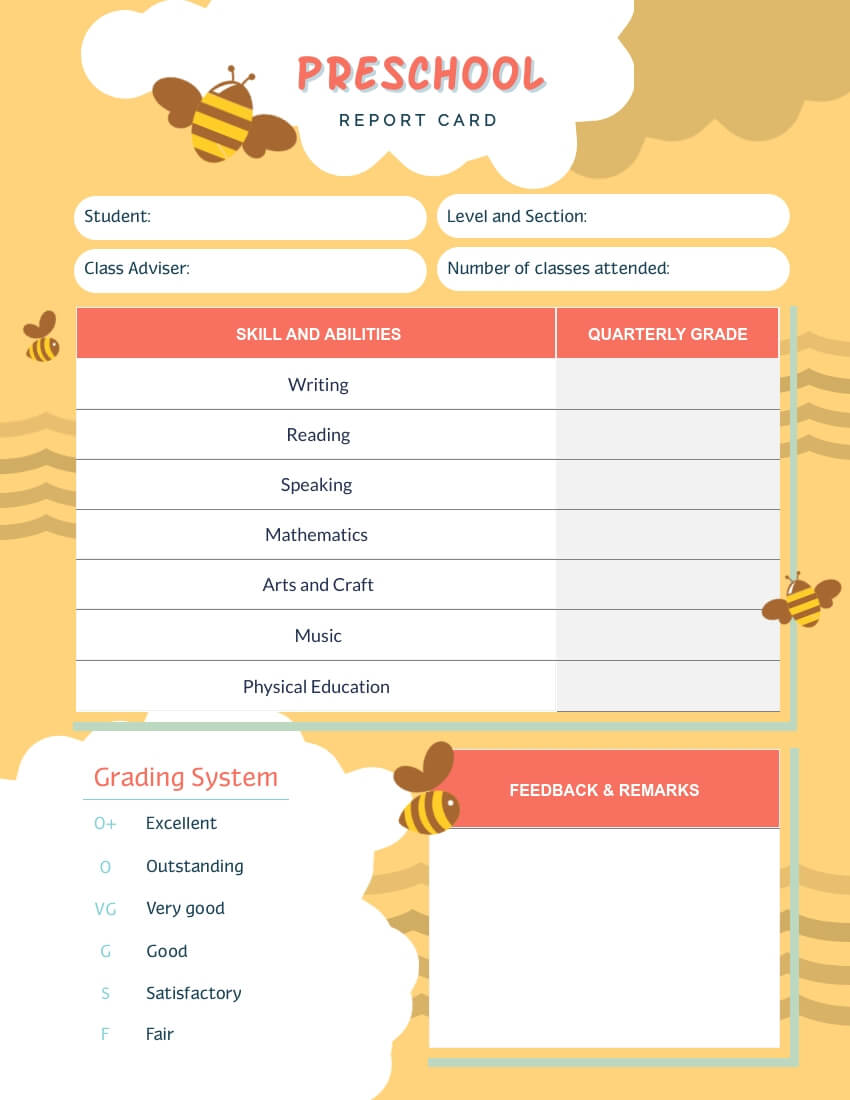Bee Preschool Report Card Template – Visme Intended For High School Student Report Card Template