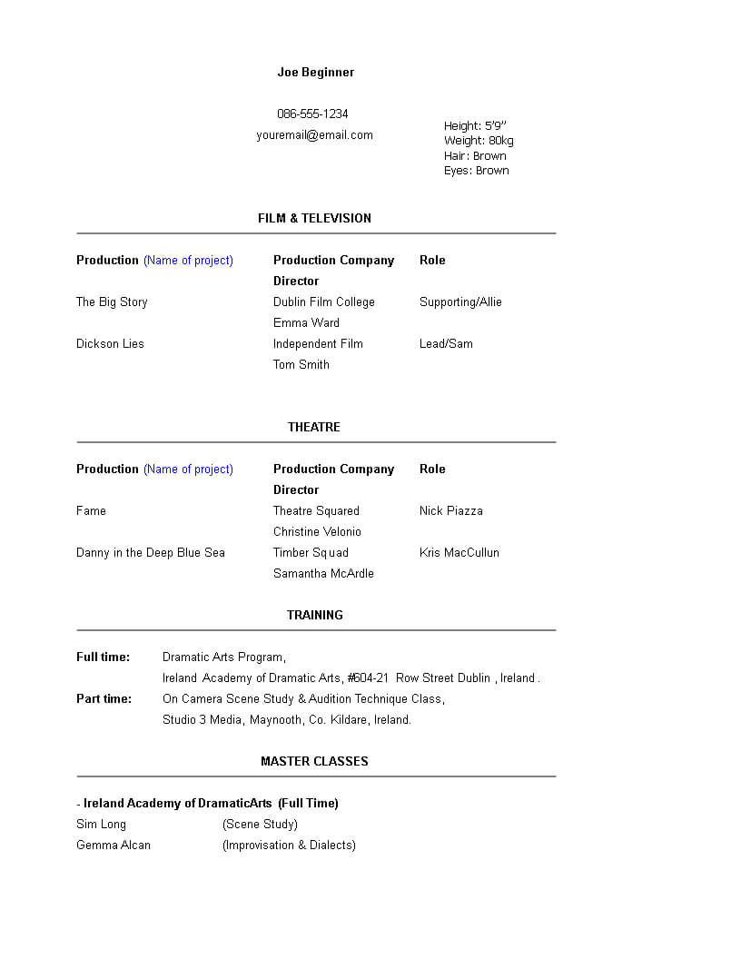 Beginner Acting Resume Template | Templates At Within Theatrical Resume Template Word