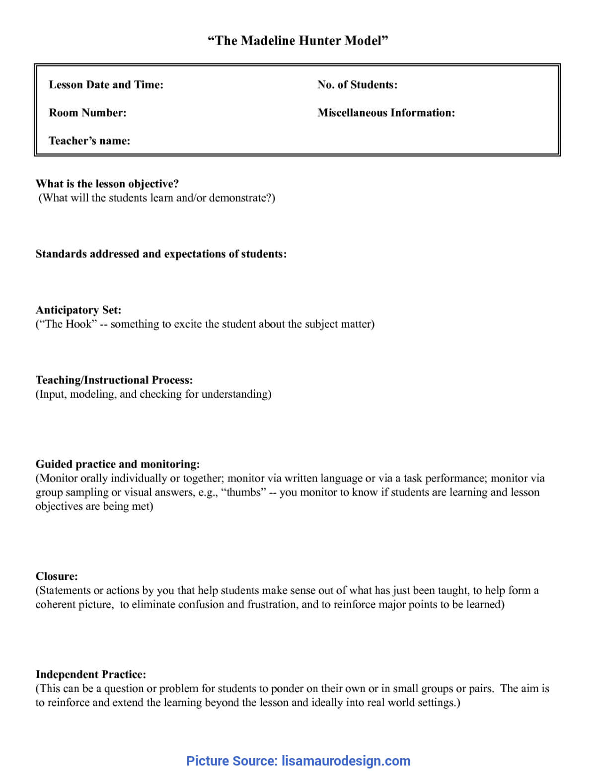 Best Lesson Plan Template Anticipatory Set Madeline Hunter In Madeline Hunter Lesson Plan Template Blank