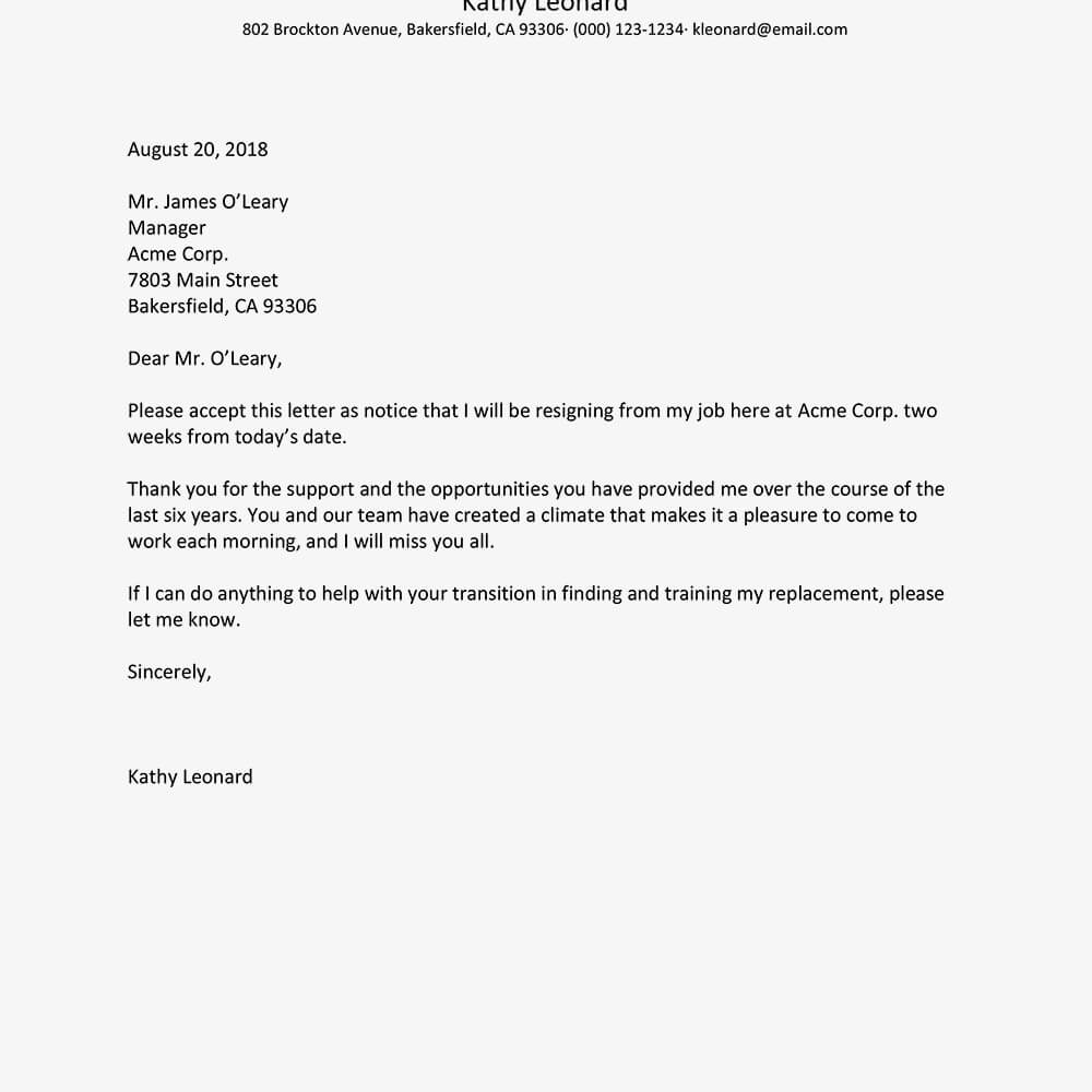 Best Resignation Letter Examples Intended For Two Week Notice Template Word