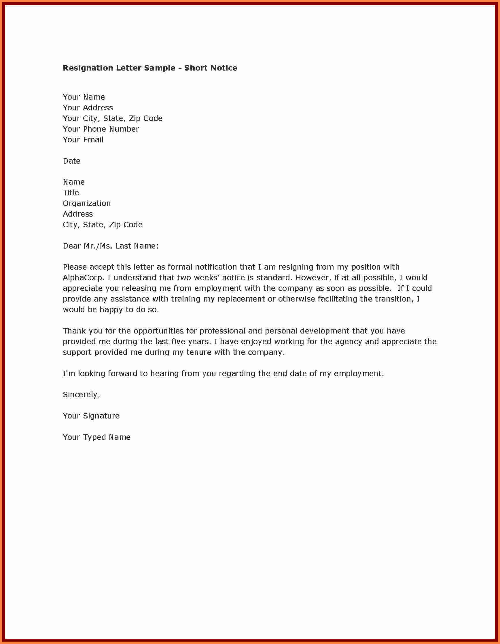 Best Resignation Letter | Intended For Two Week Notice Template Word