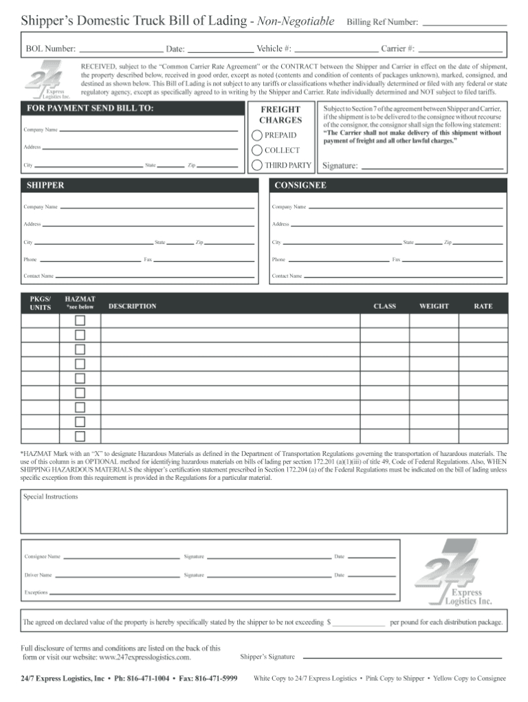 Bill Of Lading Form Fill Online Printable Fillable With Blank Bol