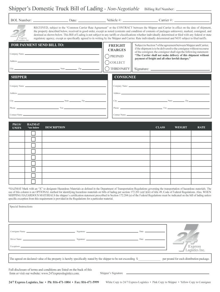 Bill Of Lading Form Fill Online Printable Fillable With Blank Bol