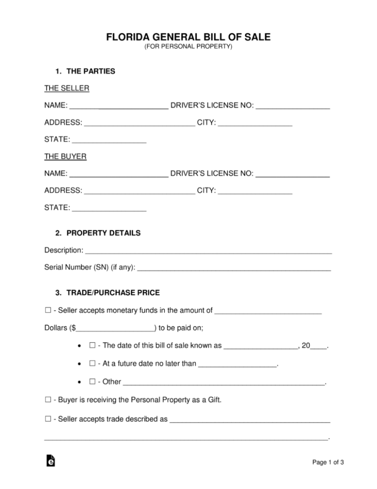 free bill of sale template for used car florida