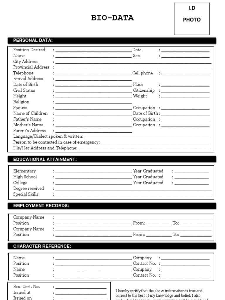 Bio Data Form – Colona.rsd7 Throughout Free Bio Template Fill In Blank
