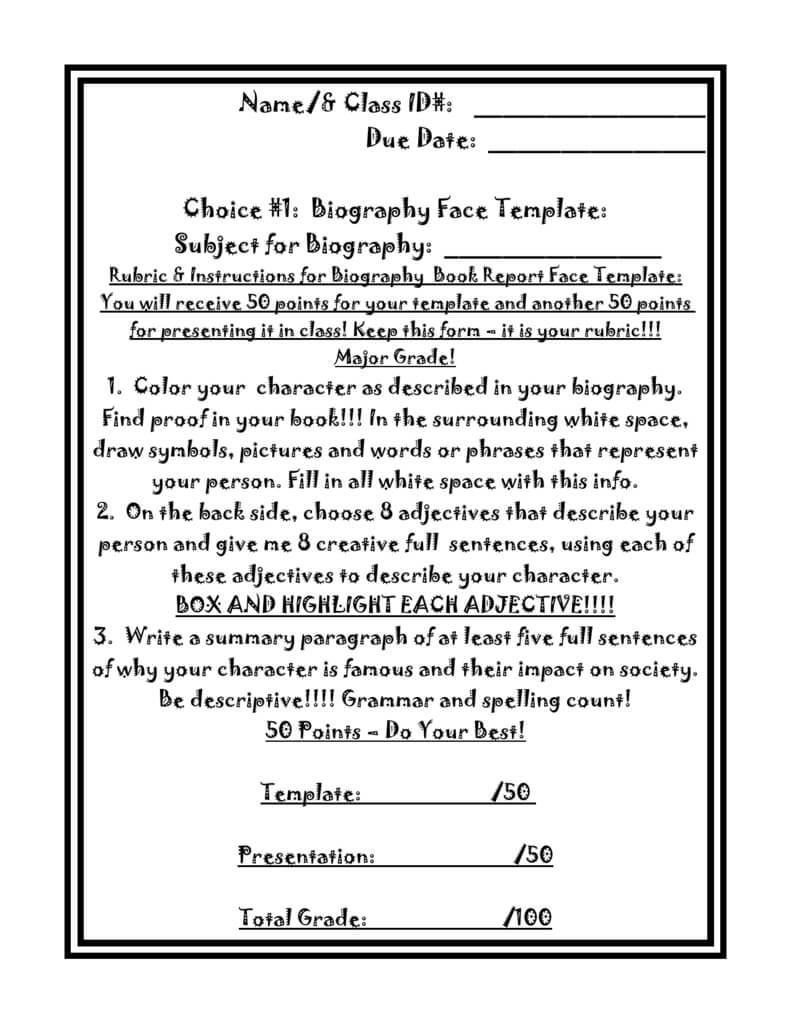 Biography Book Report Face Template Instructions.doc Inside Book Report Template Grade 1
