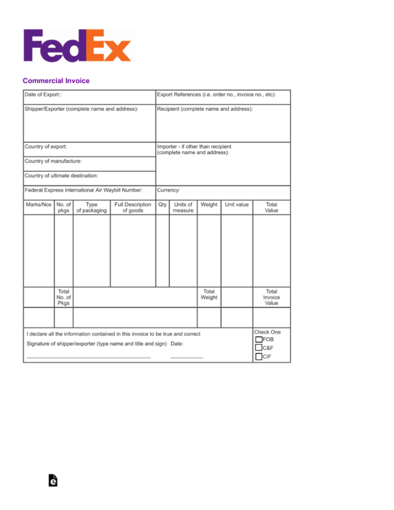 commercial invoice fedex template