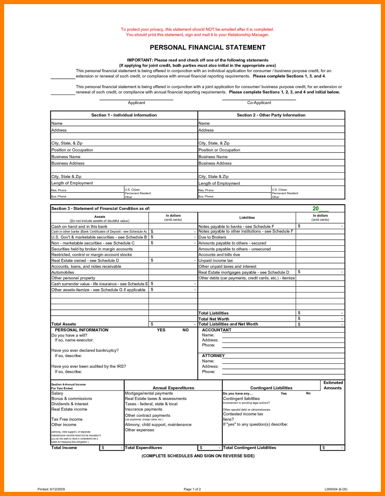 Blank Personal Financial Statement Throughout Blank Personal Financial Statement Template