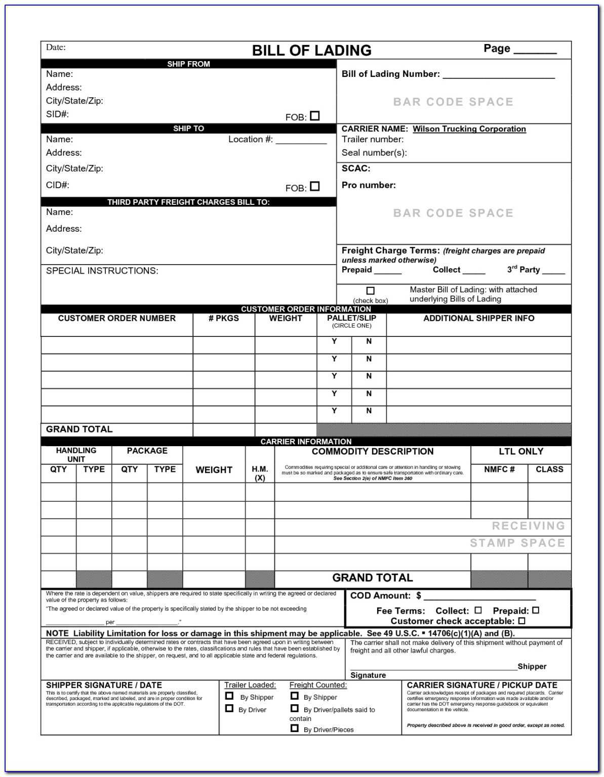 Blank Bill Of Lading Short Form Pdf