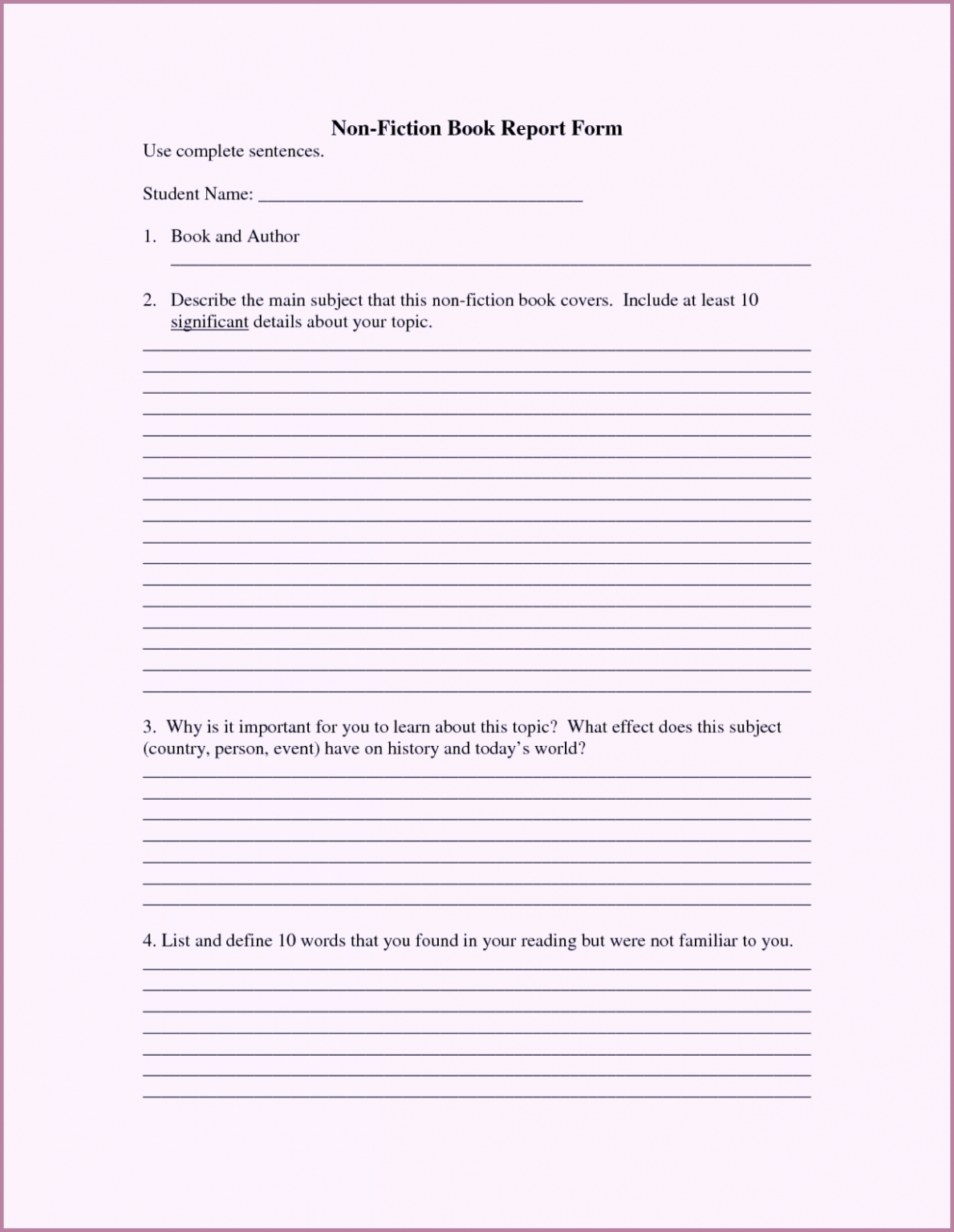 book report template for middle school
