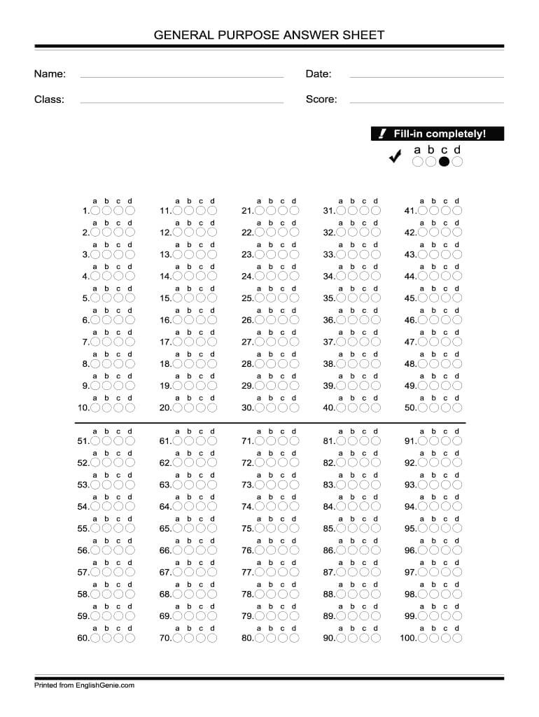 Bubble Answer Sheet 1 100 – Fill Online, Printable, Fillable Throughout Blank Answer Sheet Template 1 100
