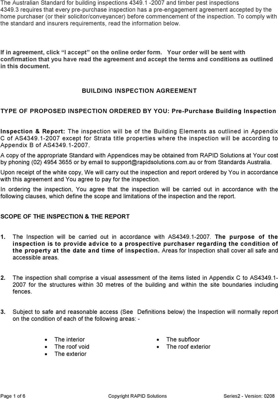 Building Inspection Agreement. Type Of Proposed Inspection For Pre Purchase Building Inspection Report Template