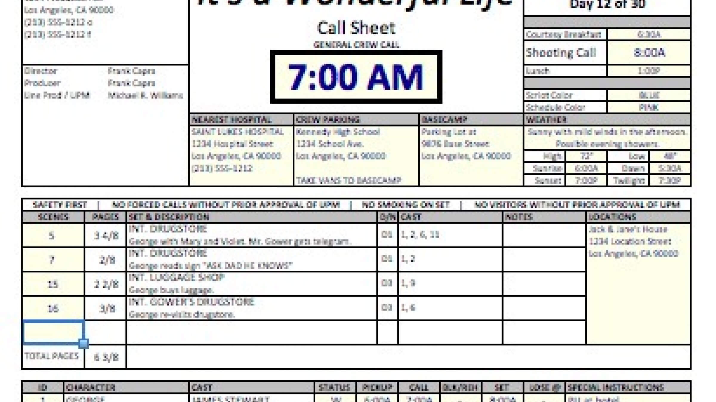 Call Sheet Template Kostenloses Event Movie Excel Daily Intended For Film Call Sheet Template Word