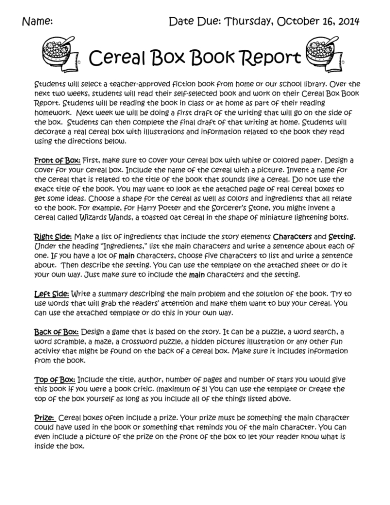 Cereal Box Book Report Template