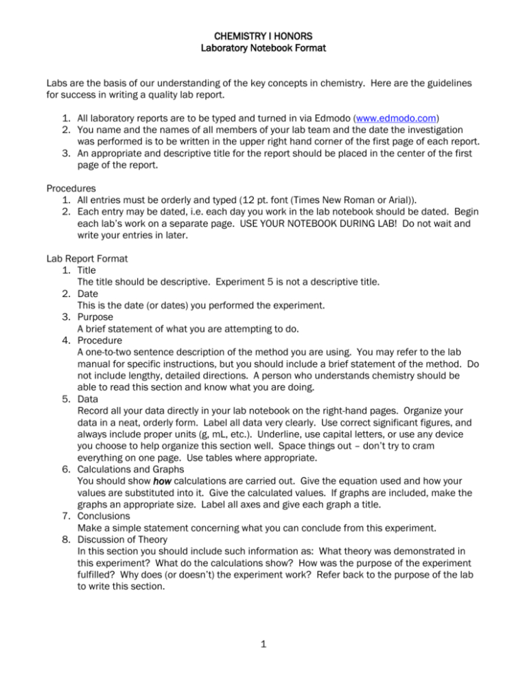 Chemistry I Honors Lab Report Format For Lab Report Template Chemistry 