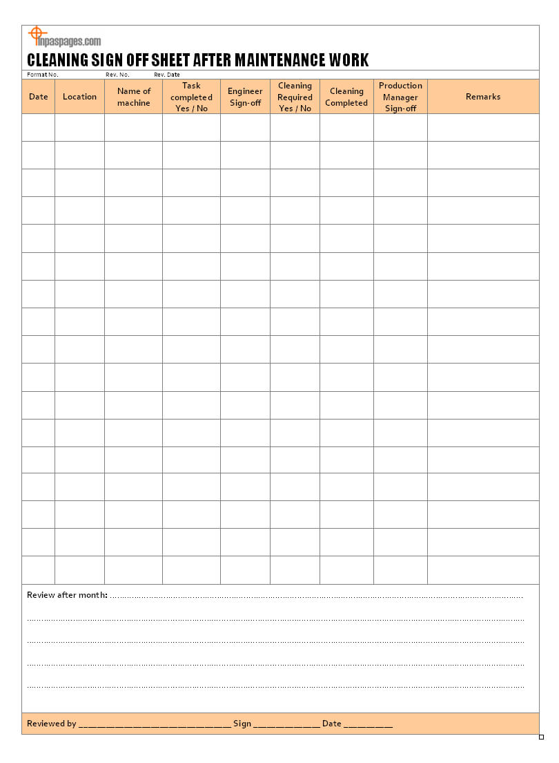 Cleaning Sign Off Sheet After Maintenance Work Format Regarding Cleaning Report Template